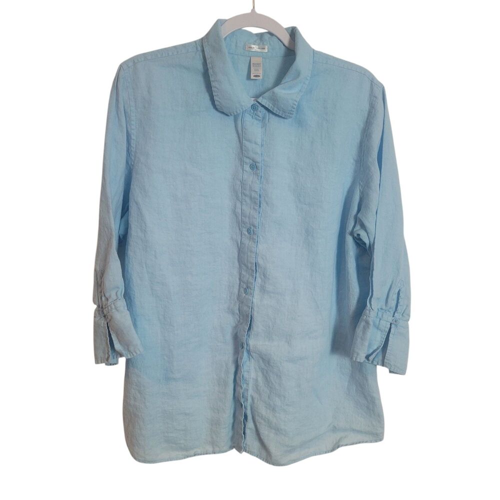 Old Navy Linen Easy Fit Button Up Shirt Womens XXL Blue 3/4 Sleeve Coastal Beach